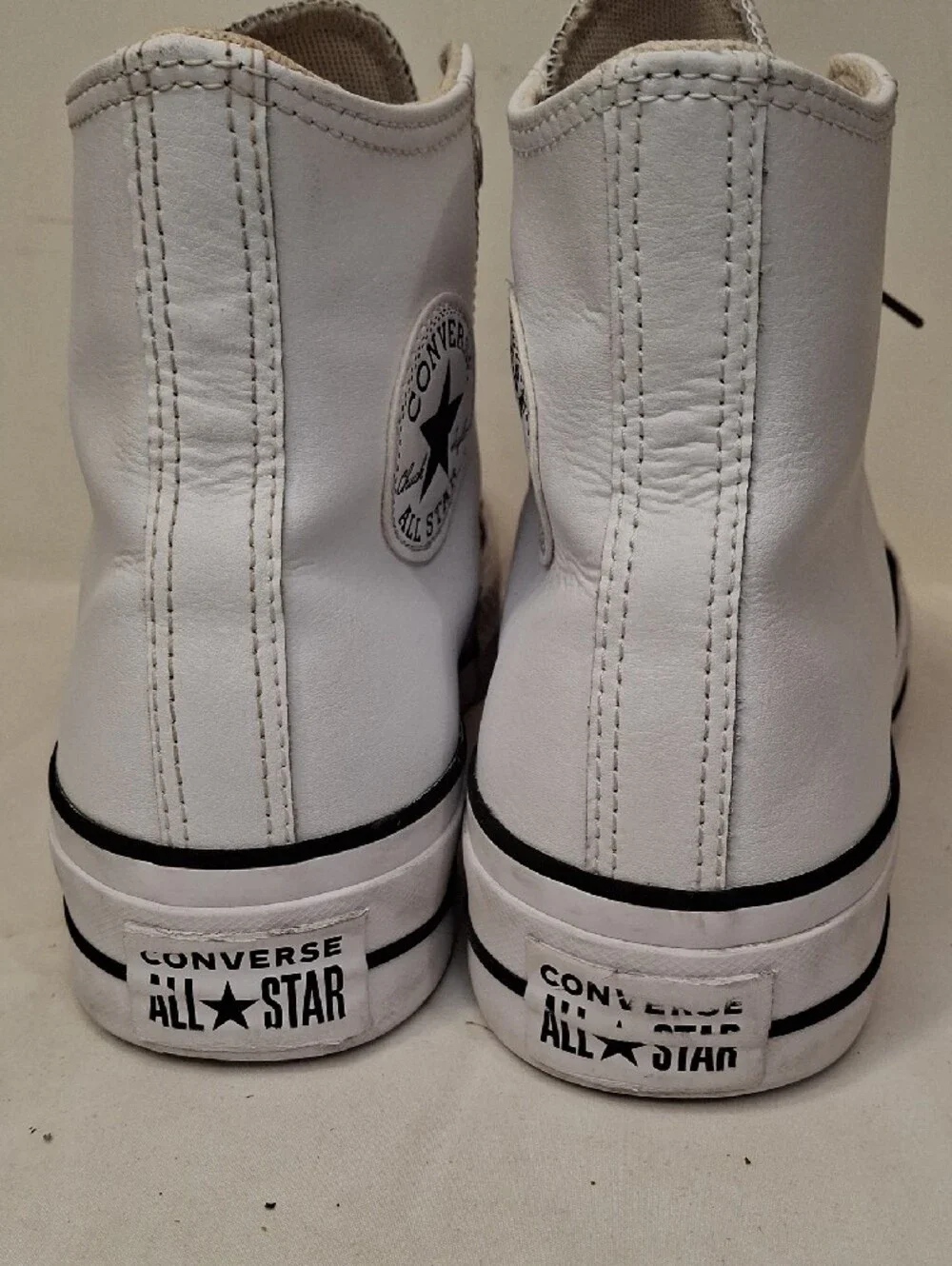 Converse Women's Leather White High Top Platform Sneakers with Black Stripe